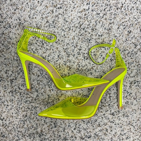 Stuart Weitzman Heel Women 7 Glam 100 Strap Pump Neon Yellow Rhinestone Shoe - Picture 6 of 6